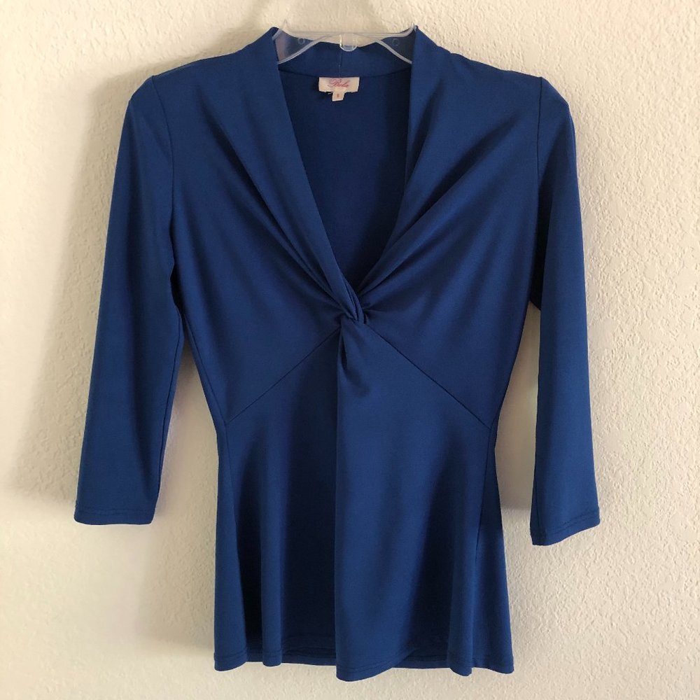 Royal blue front tie twist top with 3/4 sleeves